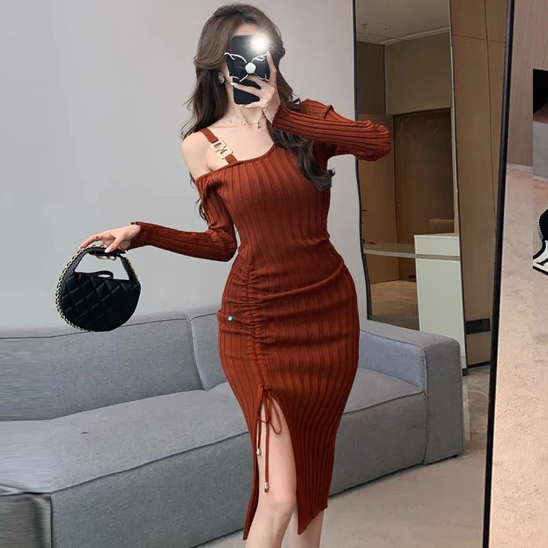 YuooMuoo Chic Mode Sexy Paket Hüften Split Gestrickte Kleid Frauen 2024 Herbst Dünne Elastische Rippen Bodycon Party Kleid Vestidos