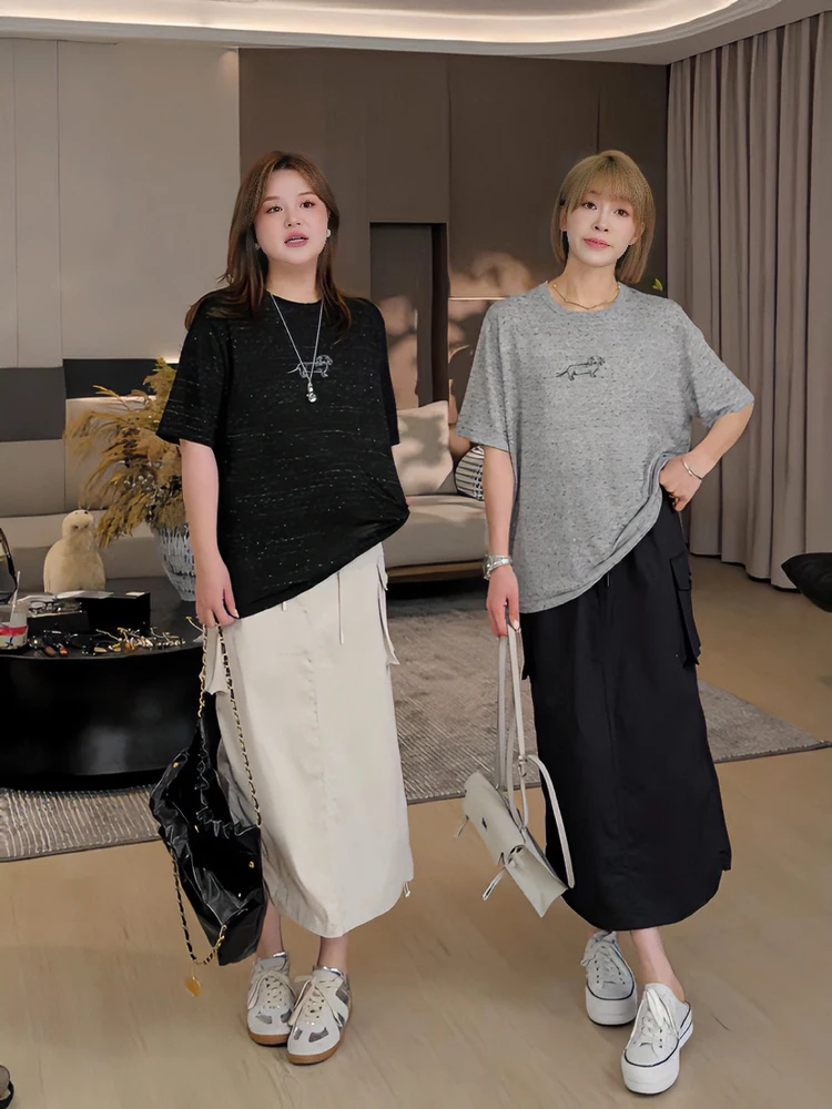 

Slimming Effect Wide Waist Cargo Skirt with Drawstring Casual Cotton Blend A-Line Midi Skirt for plus Size Women MK12885