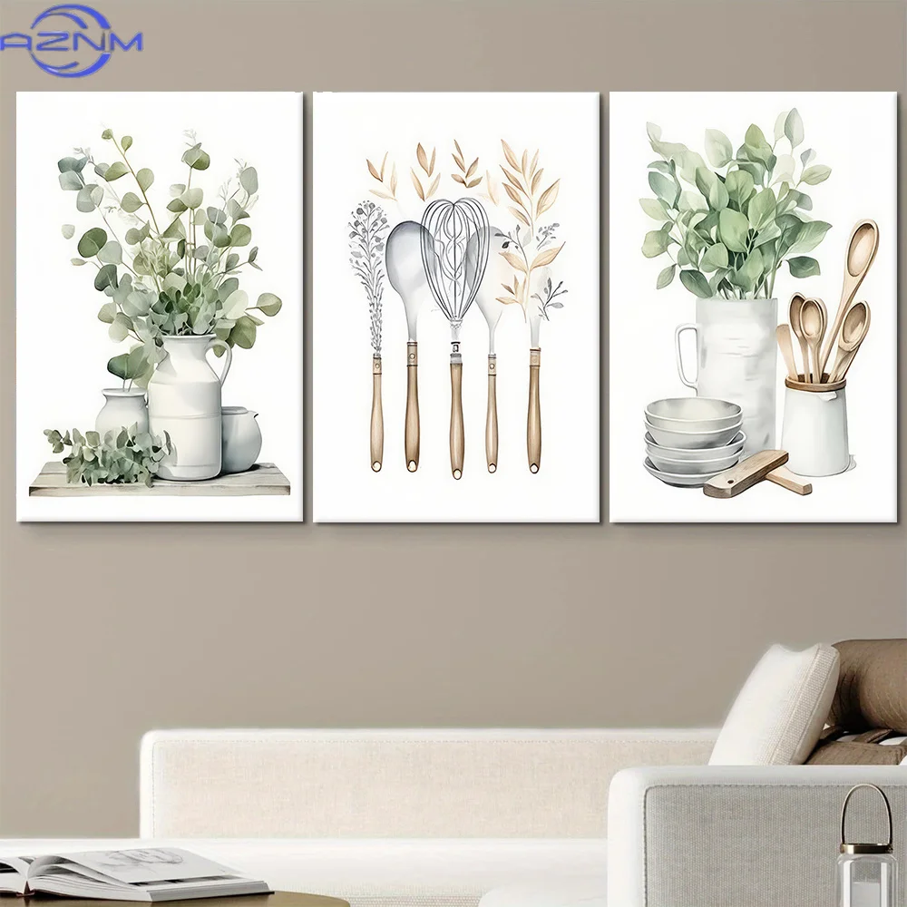 3pcs Modern Minimalist Nordic Botanical Wall Art Suitable for Living Room & Bedroom - Horizontal Prints, Soft Natural Tone Canv