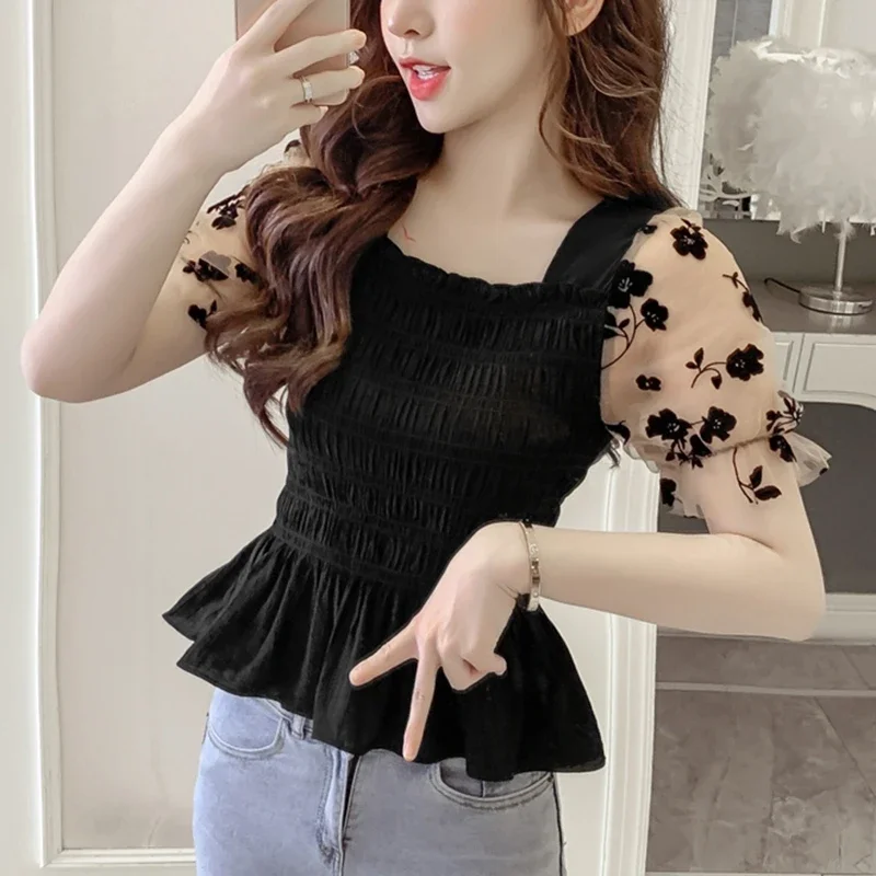 Korset lengan Puff musim panas atasan blus wanita 2024 Fashion kasual Mesh kain perca Blusa Mujer Korea ramping seksi sifon hitam blus