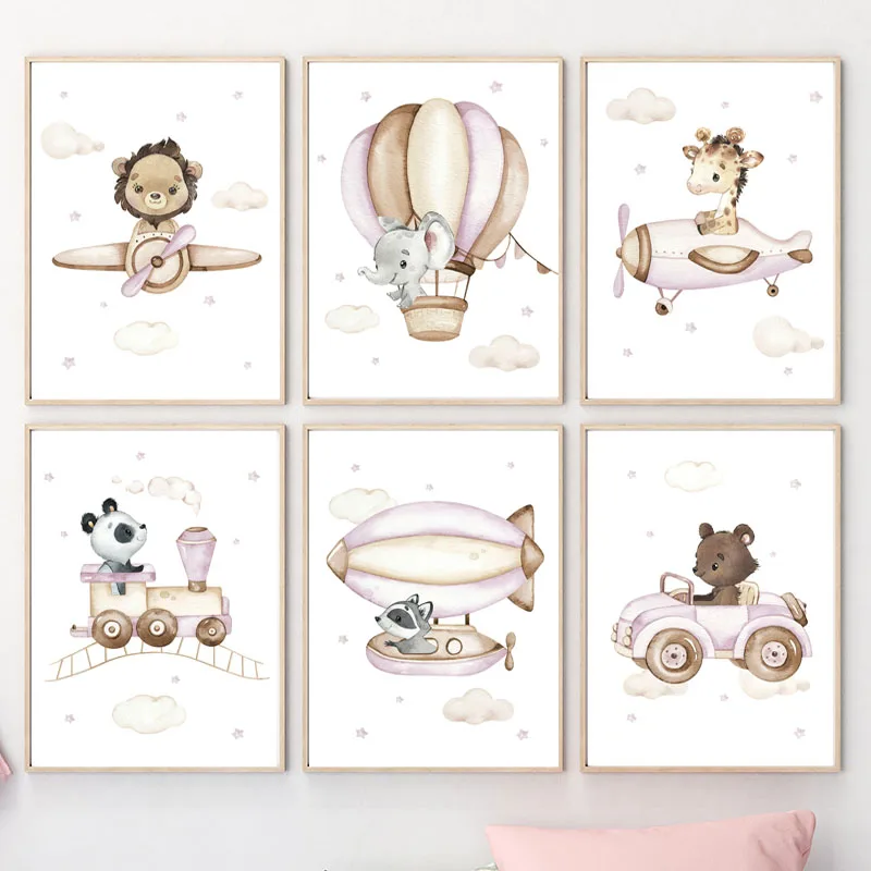 Boho Lion Giraffe Elephant Panda Balloon Wall Art Canvas Prints Painting Cartoon Pictures Kids Room Decor Nordic Nursery Posters