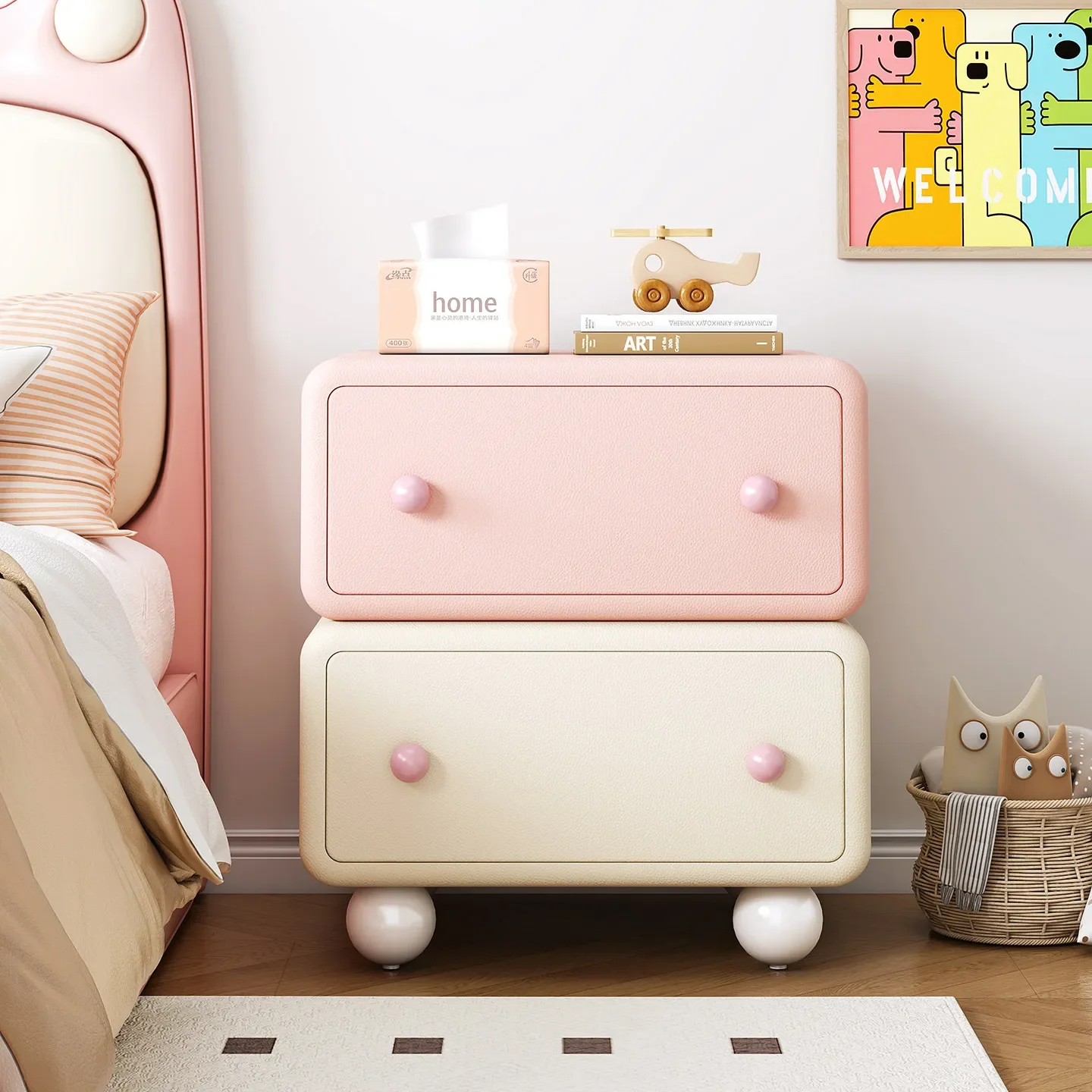 Dopamine solid wood bedside table Cream wind children's room household bedroom storage cabinet color matching simple small