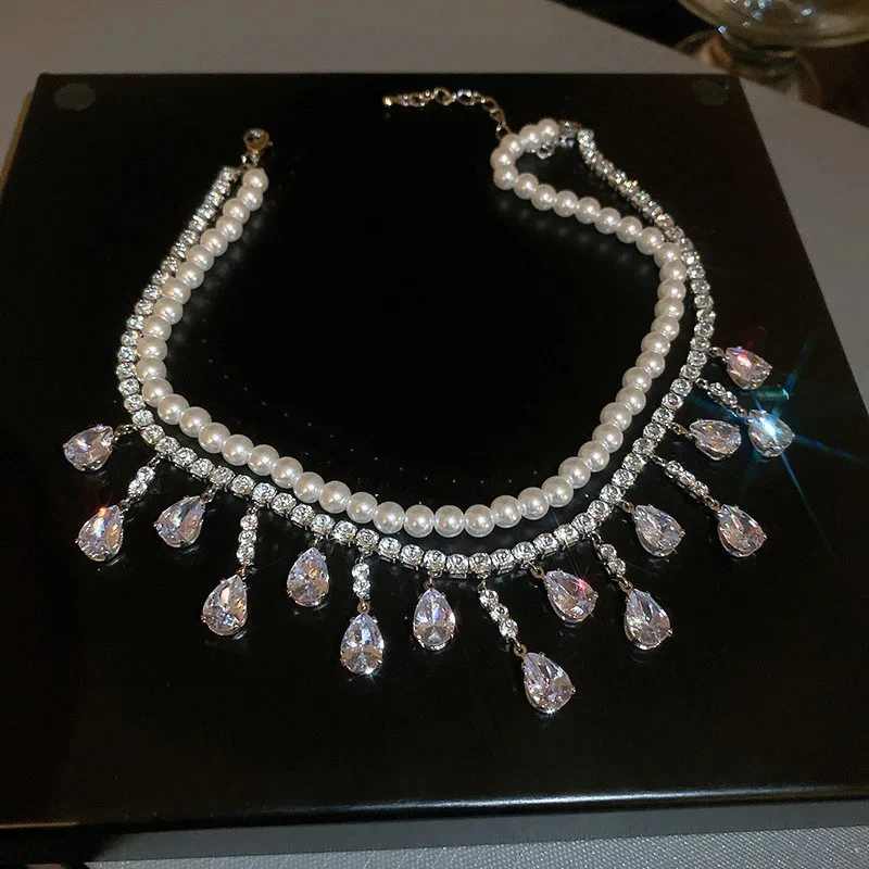 Luxury Pearl Choker Necklaces for Women Tassel Water Drop Zircon Crystal Necklaces For Party Wedding Banquet Jewelry Accessories