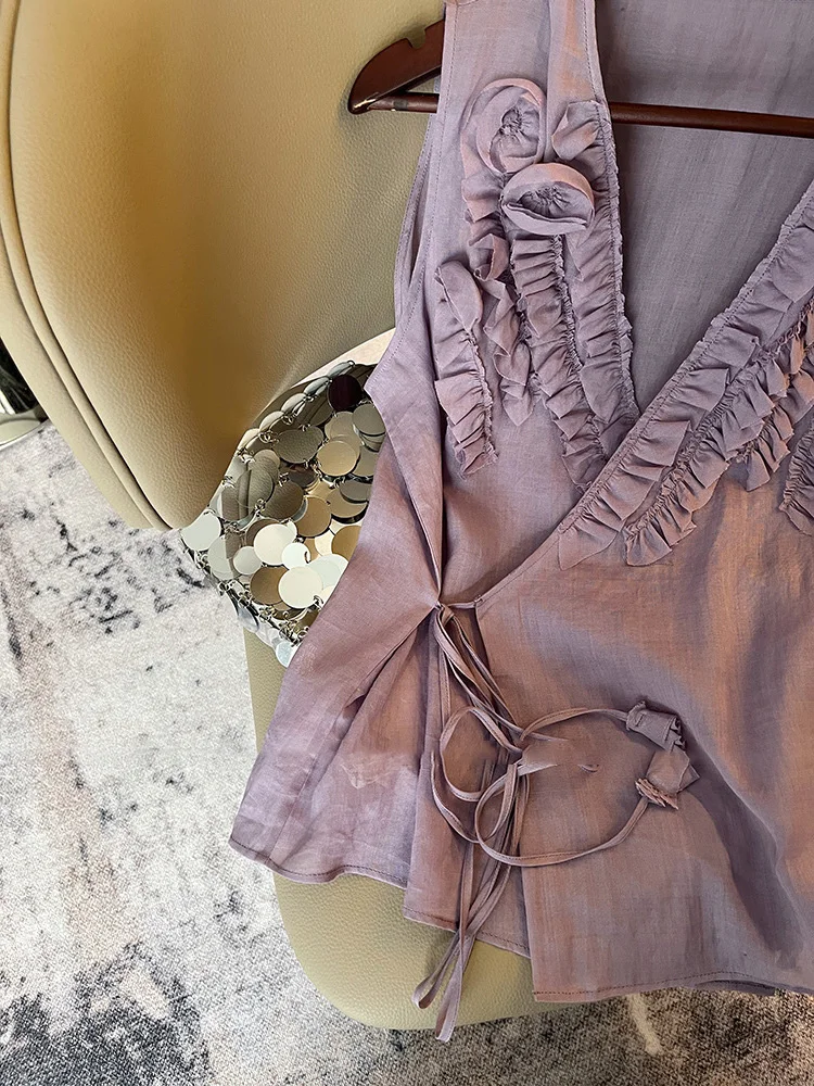 エレレーストリムVネック女性用サマースイートボウタイトップファッショナブルで通気性のあるカジュアル韓国風ゆったりフィットブラウス