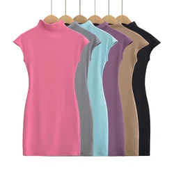 Mini dresses for women 2024 Summer knitted dress sexy vintage clothes black dresses short sleeve turtleneck pink dress bodycon