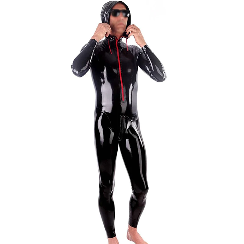 Black Sexy Tight Latex Jumpsuits Hoodies Front Zipper Pouch Rubber Catsuit Jogging Suit Zentai Overall Tracksuit Jumper 380 view 5