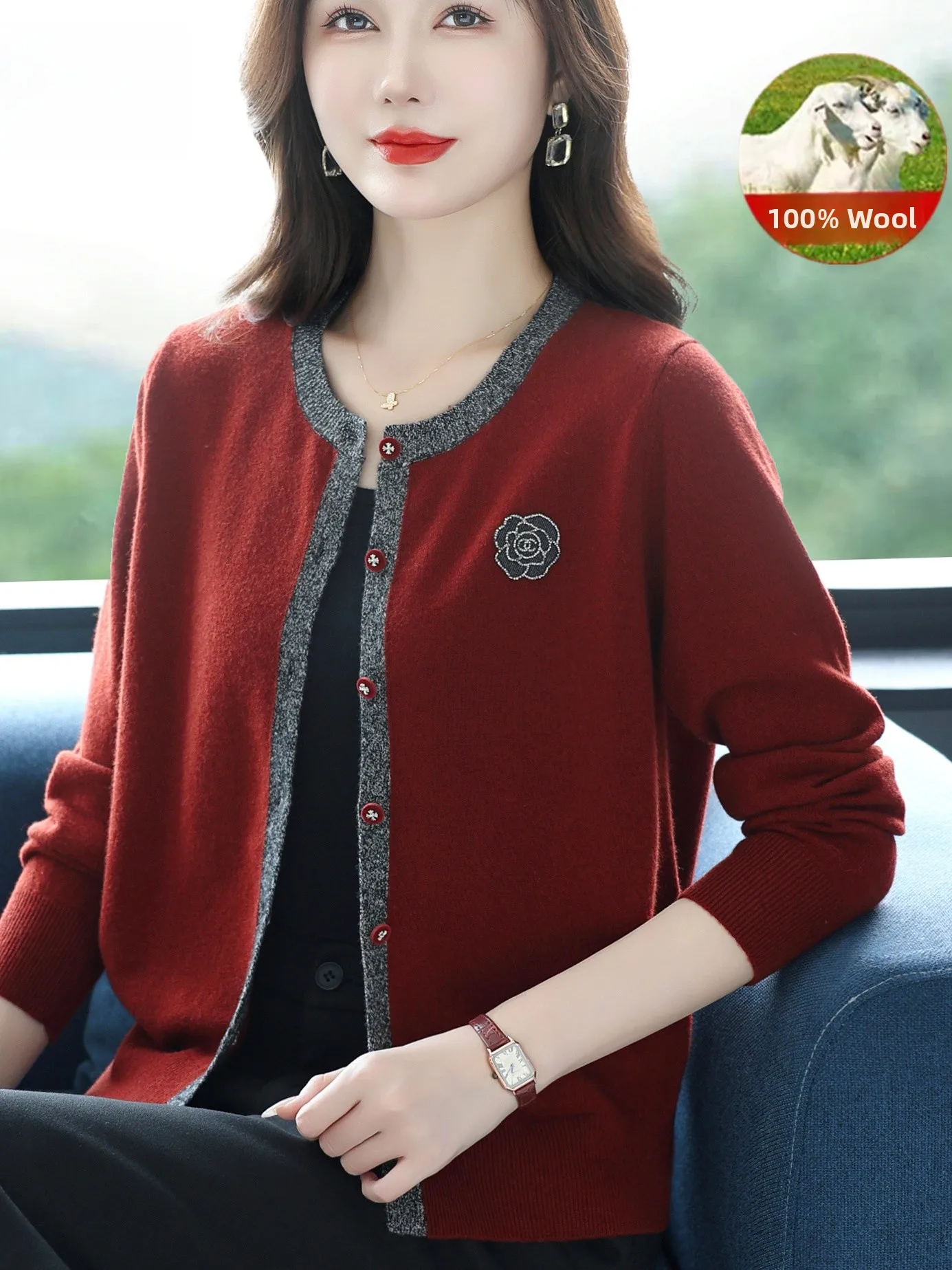 

Spring Autumn Woolen Open Cardigan Women's Slim Fit round Ne Sweater Outerwear Mom's Faion Small Fraance Sle Knitwear