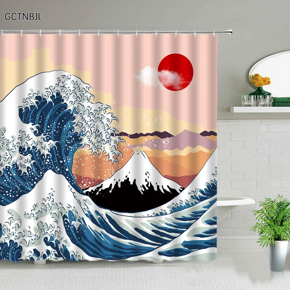 Wave Shower Curtain Set Japan Bath Curtain Flower Red Sun Scenery Landscape Nautical Art Fabric Decor Bathroom Accessories Set