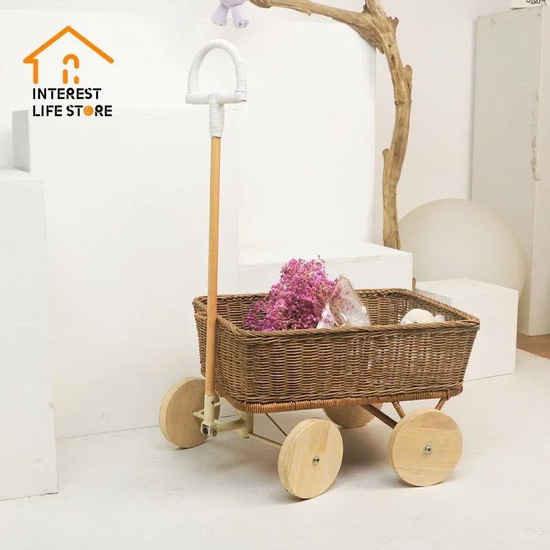 Children Outdoor Trolley Natural Rattan Woven Toy Storage Basket Garden Picking Storage Camping Large Capacity Storage Container