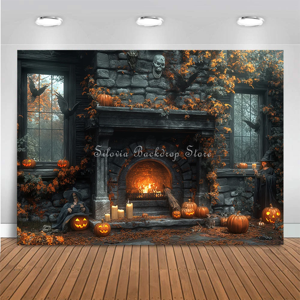 Halloween Photo Backdrop Gothic Skulls Fireplace Photography Backdrop Pumpkin Candle Decor Kids Portrait Photo Studio Props