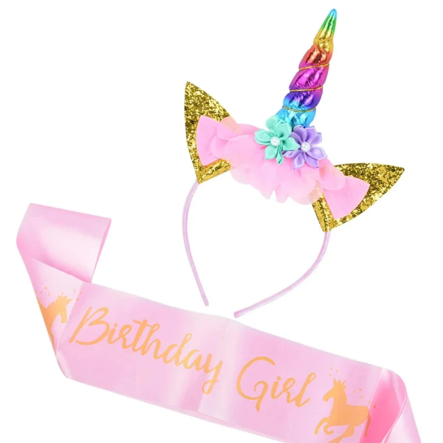 1pc Golden Glitter Unicorn Headband and Pink Satin Sash Set - Perfectfor Girls