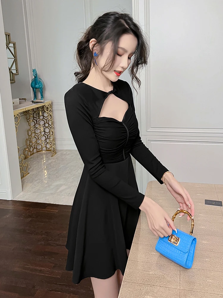 Spring Fashion Sexy Dress Women 2023 Black O-neck Hollow Cut Out A-LINE High Waist Mini Clothes Lady Party Club Holiday Vestidos