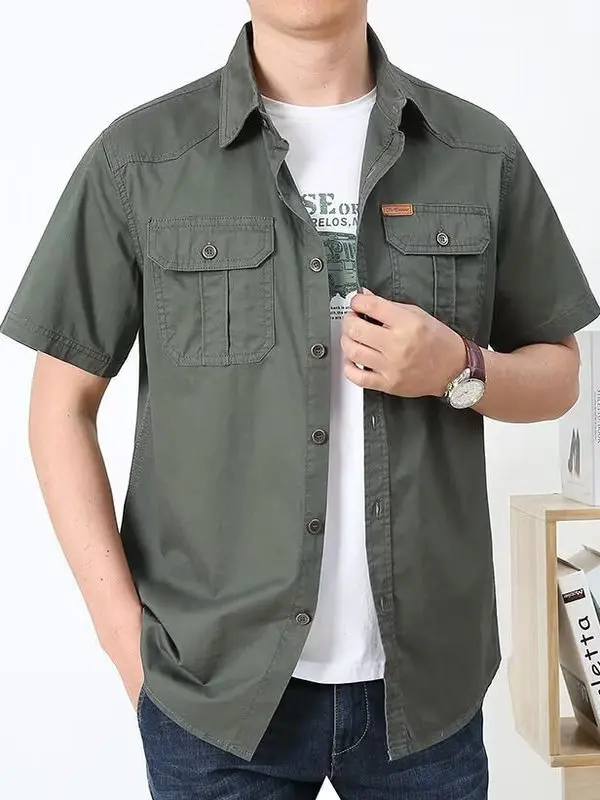 

Men's Summer Short Sleeve Shirt Thin Casual Outdoor Workwear Cotton Plain Color Wear Resistant And Dirt Proof Loose Fit Shirt