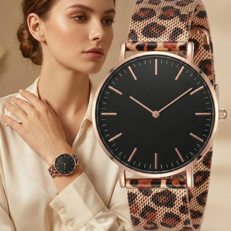 New Unique Leopard Pattern Band Women Watch Luxury Metal Round Dial Quartz Watches Woman Fashion Simple Ladies Wristwatch Clock