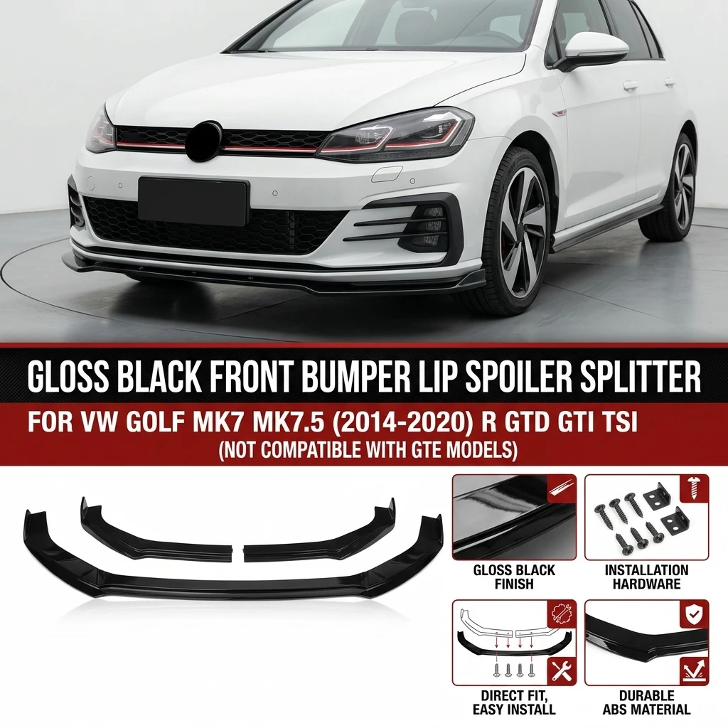 Per VW Golf MK7 MK7.5 R GTD GTI TSI Kit carrozzeria con splitter anteriore, spoiler, labbro, paraurti anteriore, diffusore, kit carrozzeria, 2014-2020, nero lucido, protezione paraurti anteriore,