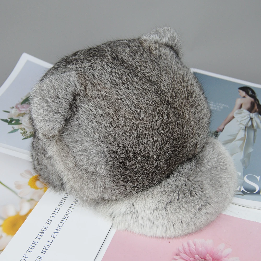 New Rabbit Fur Hats for Women Winter Warm Solid Genuine Luxury Fur Cap High Quality Female Fur Hat with Tail Cute Girls Cat Hats