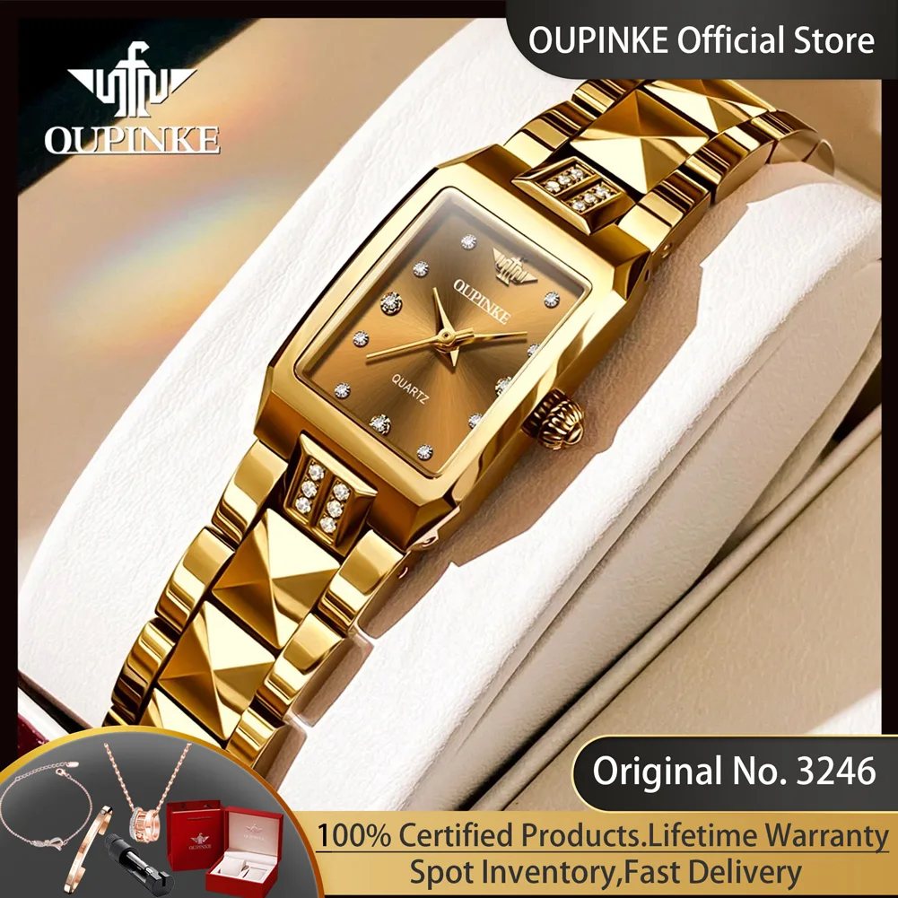 OUPINKE 3246 Luxury Imported Swiss Quartz Movement Women's Wrist Watch Fashion Square Tungsten Steel Diamond Ladies Dress Watch