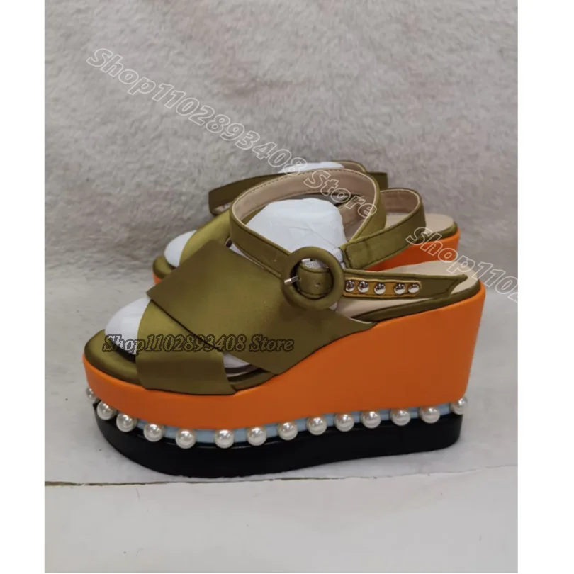 Gold Beading Ankle Buckle Sandals Open Toe Muffin Bottom Wedges Heels Summer Personality Party Women Shoes Zapatos Para Mujere