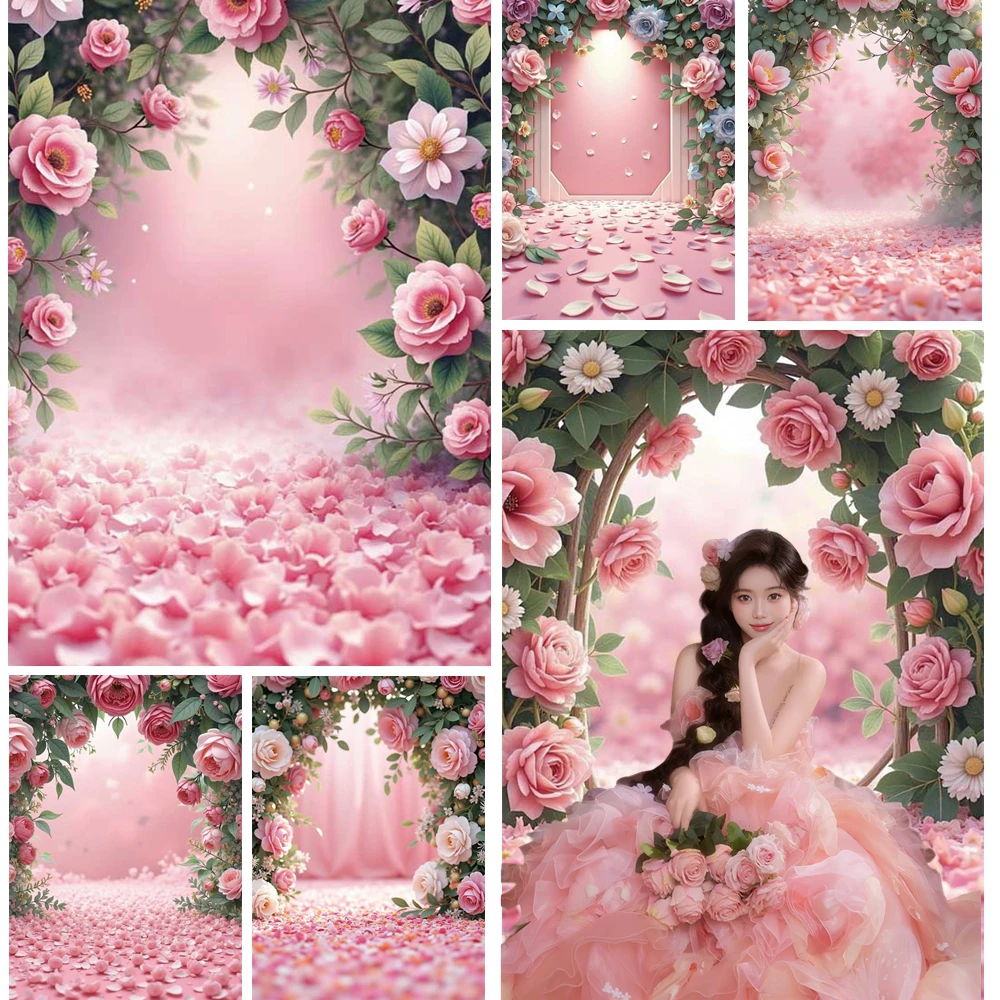 

MOON.QG Romantic Pink Petal Floral Birthday Backdrop Wedding Arch Frames Bokeh Petal Backgrounds Photographs Photozone Shooting