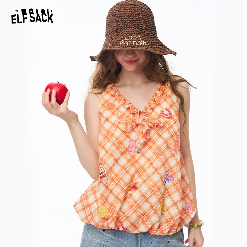 

ELFSACK Women's Gingham Sleeveless Chiffon Blouse with Fruit Cake Print, Ruffle Front Button Down Loose Summer Top for Daily