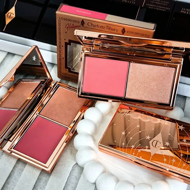 CT Starlight Powder Blusher Highlight Two Color Disc Delicate Makeup Love Heart Two Color Powder Blusher Peach Pink Cosmetics