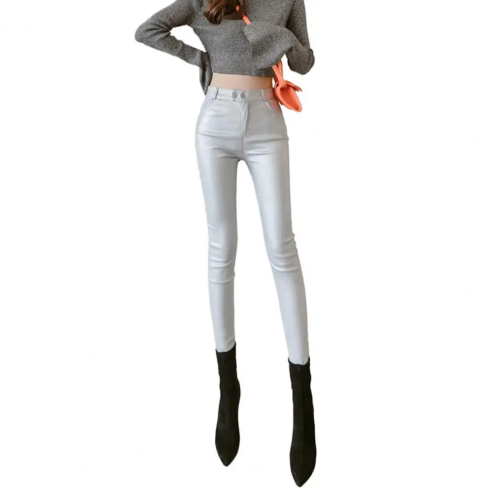 Women Pants Winter Fleece Lined High Waist Leather Leggings with Button Closure Pockets Stylish Matte Elastic Pants for Women