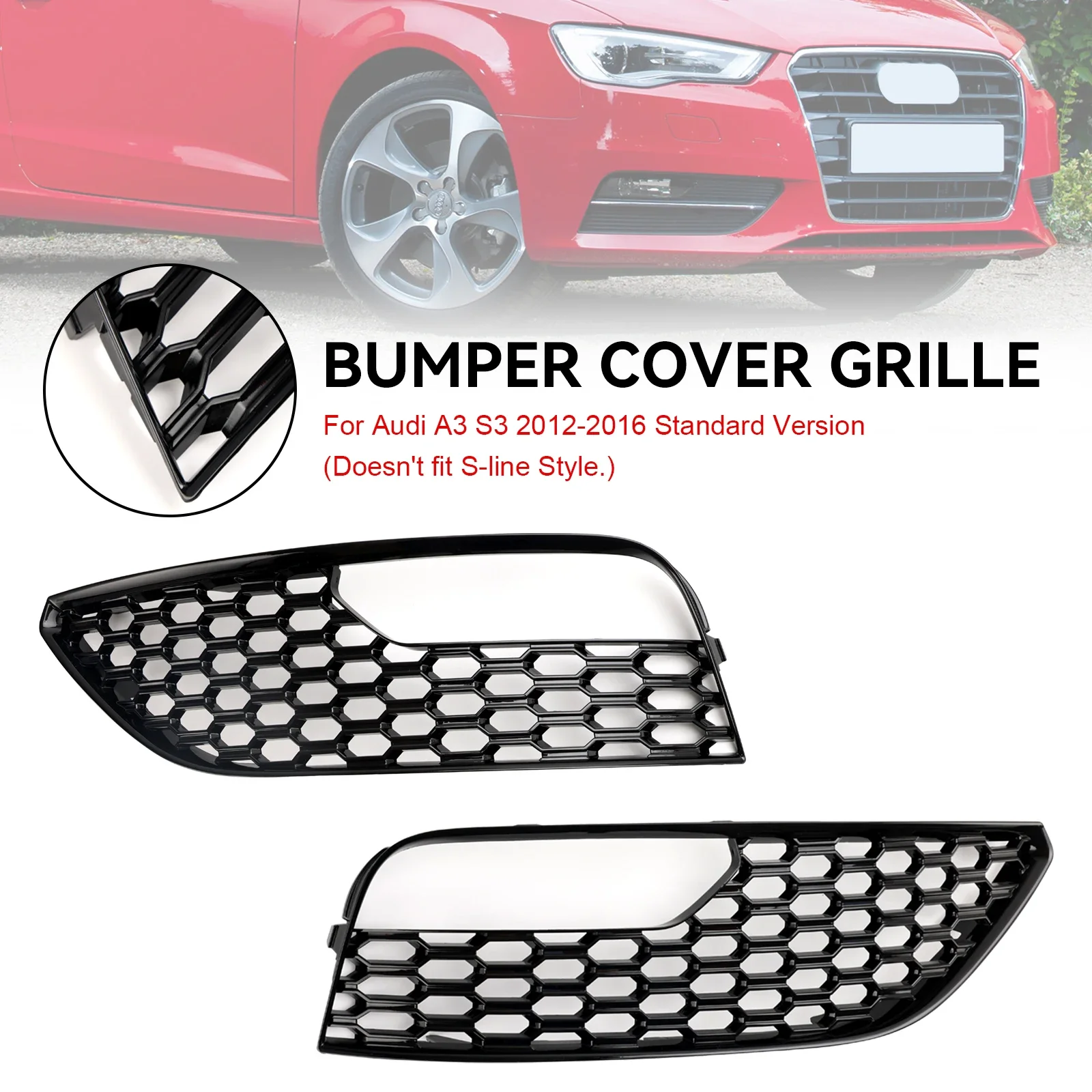 Glossy Black Front Bumper Fog Light Bezel Grill Honeycomb Mesh Fog Light Grille Cover FOR AUDI A3 2012-2016 8V3807681 8V3807682