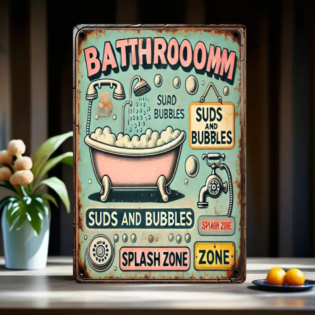 1 Stück Vintage 20,3 x 30,5 cm Metall-Blechschild – „Badroom Suds and Bubbles“, Retro-Eisen-Wandkunst, Innen- und Außendekoration für Zuhause, Bar, Café