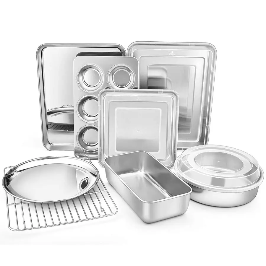 

Bakeware, Stainless Steel Bakeware Set with Baking Sheet and Rack, Lasagna Pan with Lid, Square amp Round Cake Pan with Lid, Muf