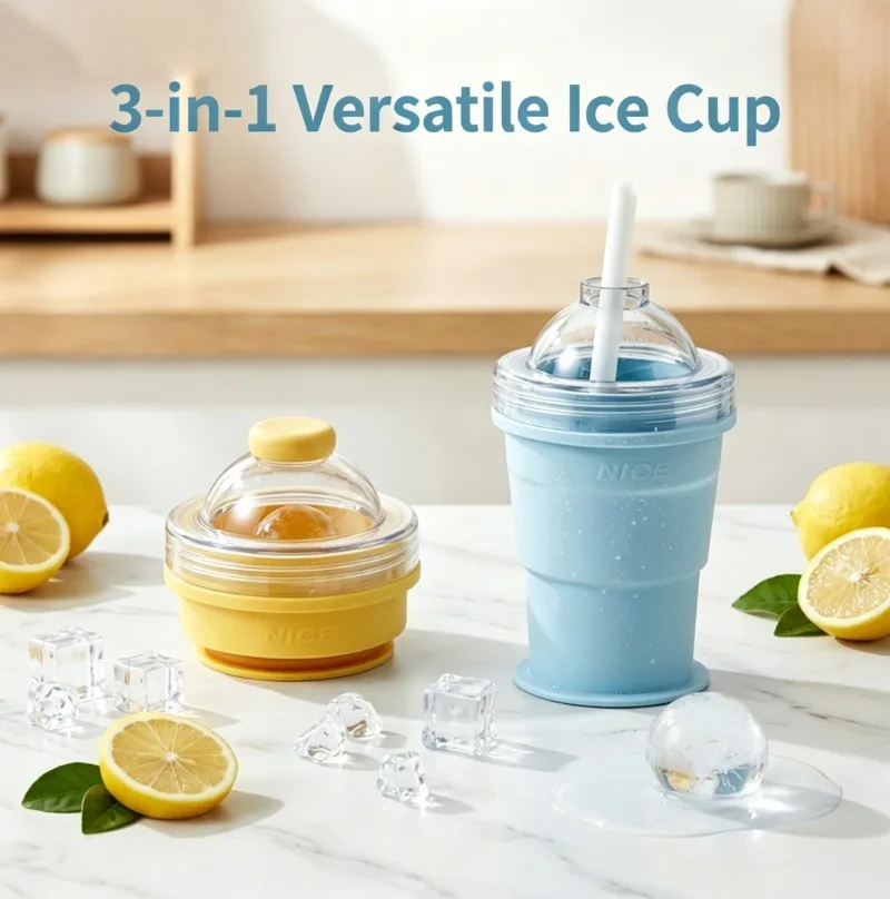 Creative Summer Ice Cube Mold, Foldable Press-type Ice Ball Cup, Silicone Straw Tumbler That Transforms in Seconds