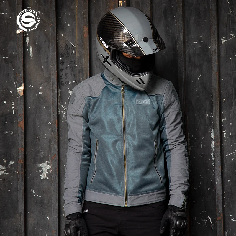 Chaqueta de Motocicleta SFK, Primavera y Verano, Malla Transpirable, Estilo Retro, Ropa de Motociclista para Hombre con Protecciones CE y Accesorios