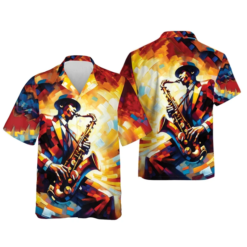 Saxophone 3D Printed Shirts For Men Clothes Harajuku Fashion Music Instrument Graphic Beach Shirt Casual Short Sleeve Streetwear