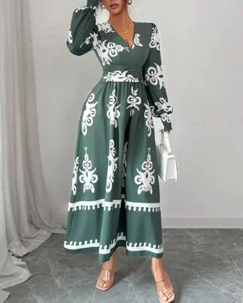 Robe longue à manches longues et col en V pour femmes, motif brodé floral avec accent de la taille et poignets à volants, robe élégante et décontractée