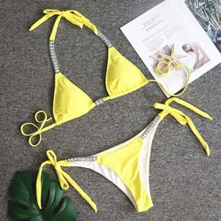 Bikini brillante con lentejuelas y diamantes para mujer, traje de baño femenino con Tanga, conjunto de Bikini de dos piezas, Mini traje de baño Micro