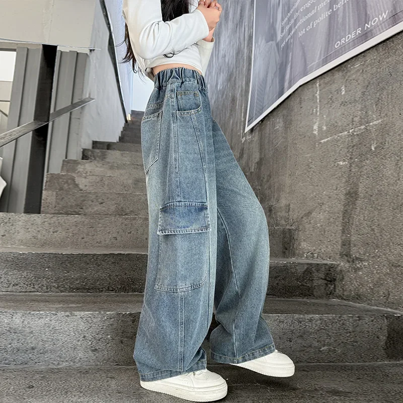 

Весенне-осенние широкие джинсовые брюки, новые стильные детские джинсы-карго для девочек, модные уличные джинсовые брюки, детские крутые