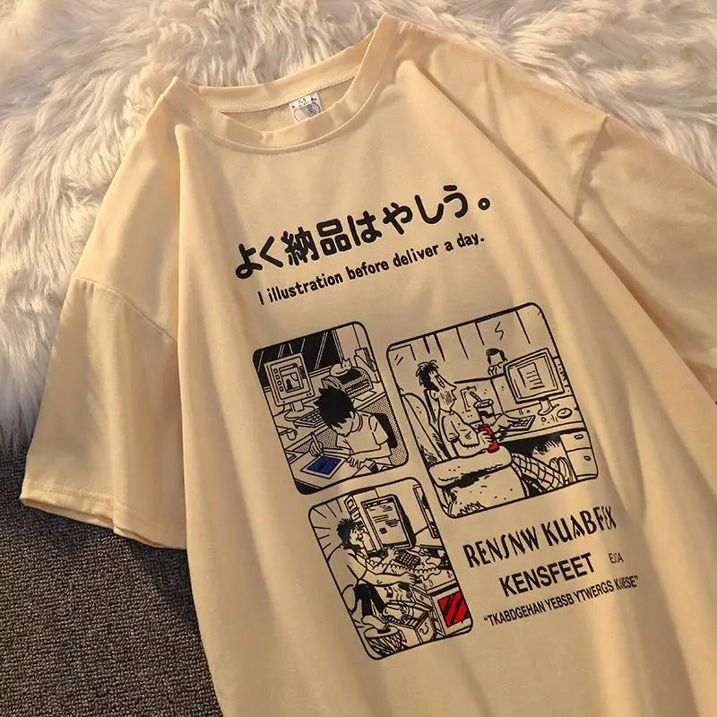 เสื้อยืดผู้หญิงพิมพ์ลายกราฟิกการ์ตูนฮาราจูกุแนววินเทจเสื้อยืดแขนสั้นทรงหลวมลำลองแนวสตรีท