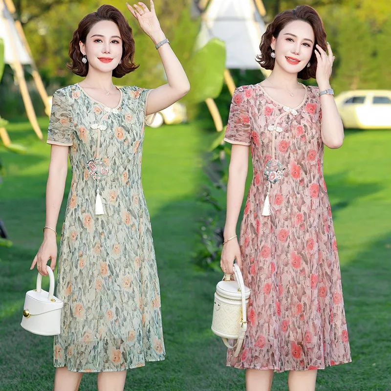 Chinese style Printing Round Neck Short Sleeve Knee Skirts Thin Dresses Intellectual Summer Women\'s Clothing Temperament Fashion