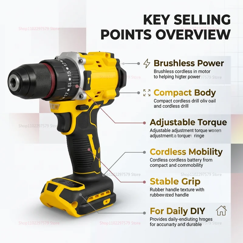 20V Cordless Brushless Impact Drill with LED Light Compact Power Tool Heavy Duty Electric Drill for Home Garage Construction