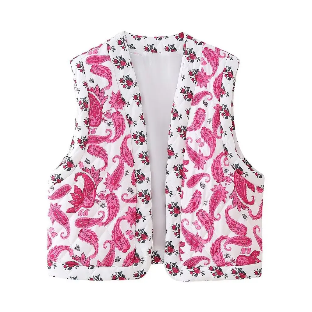 

Women's Street Style Quilted Cotton Vest Autumn Thin Cotton Coat European American Print Stitching 5887