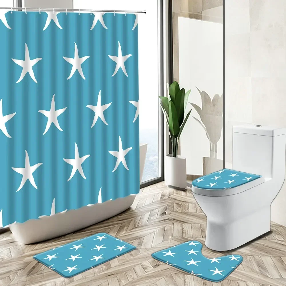 Cartoon Starfish Star Shower Curtains Child Bathroom Set Blue White Black Design Non-Slip Carpet Toilet Cover Floor Mat Washable