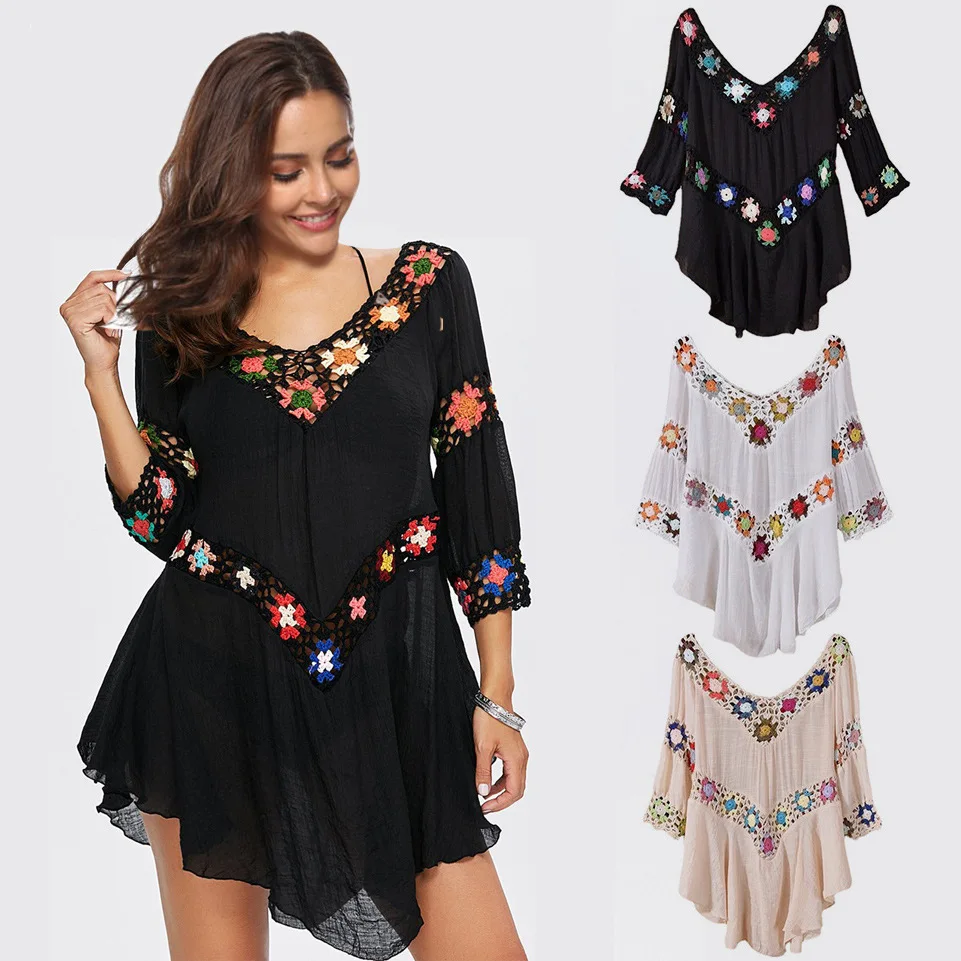 

Bikini Cover Up With Fringe Trim Women Sexy Hollow Tunic Beach Dress Summer Bathing Suit Beachwear