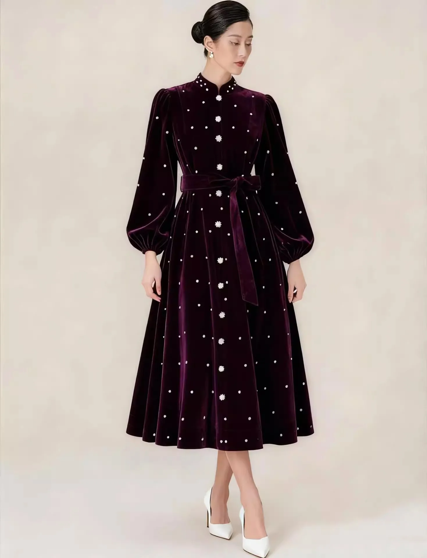 

Фиолетовое бархатное блестящее платье с бриллиантами, женское платье с поясом и длинным рукавом, осенне-зимнее платье, облегающее уличное шикарное платье для женщин