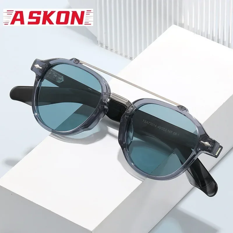 ASKON Gradient Polarized Double-beam Sunglasses Man Black Acetate Classic Glasses Men UV Fashion Eyeglasses Round Handcraft Male