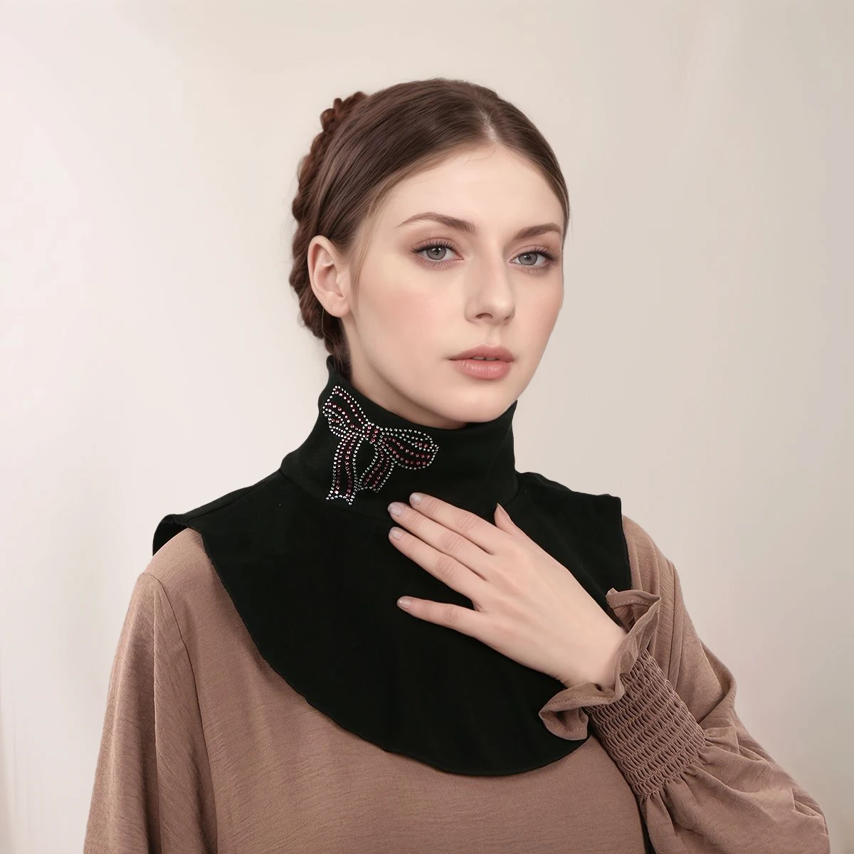 Women Detachable Fake Collar with Bow Rhinestone Autumn Winter Windproof Neck Warmer False Collar Ideal Under Hijab Turtleneck