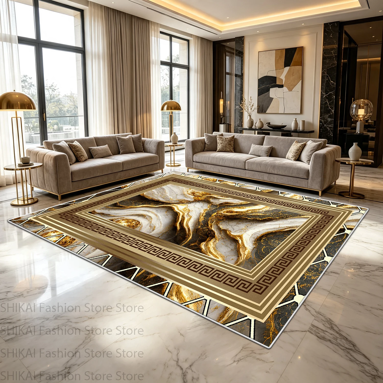 New Classical Style Large Area Living Room Carpet Golden Abstract Fluffy Bedroom Rug Decoration Home Antiskid Lounge Floor Mat