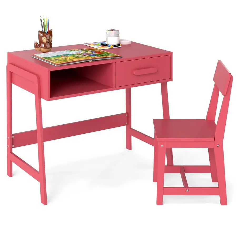 

Kids Desk and Chair Set, Wooden Children Table with Drawer, Student Writing Table Computer Workstation for 38 Years Old, Kids St