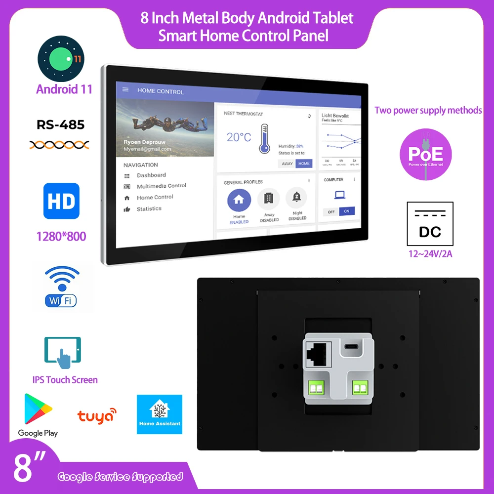 New 8 Inch Metal body Smart Home Control Panel Android POE Tablet with RS485 Built-in Google Play Support Tuya Home Assistant