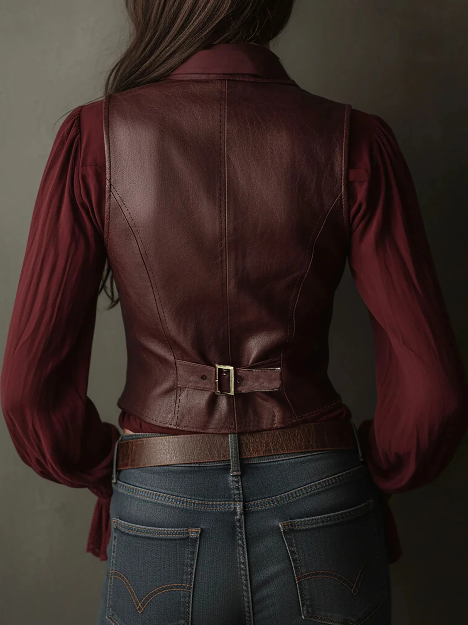 سترة نسائية من الجلد الصناعي المطاطي مع حزام وجيوب - قطع علوية نحيفة ذات صدر واحد ذهبية اللون ورقبة على شكل حرف V، مرنة ومريحة #3