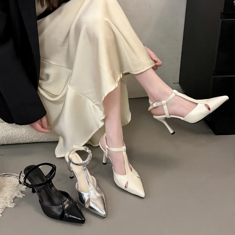 

2026 New Spring/Summer Pointed High Heel Metal Shallow Mouth Baotou Hollow Fine Heel Sandals