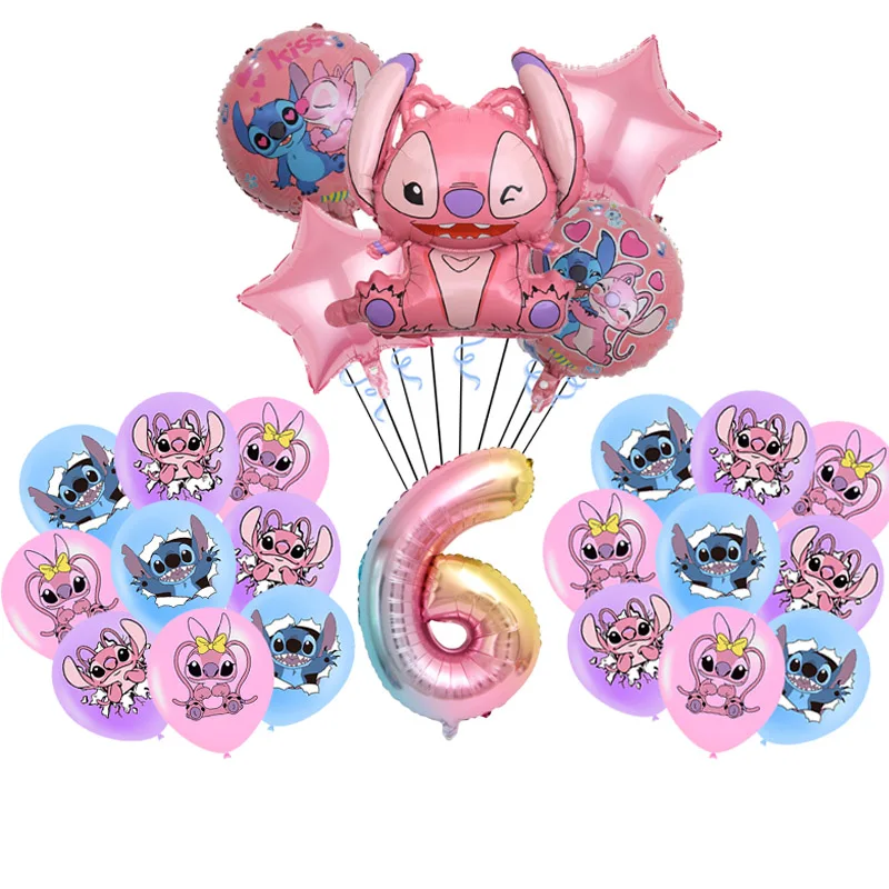 Decoraciones para fiesta de cumpleaños de Lilo y Stitch, plato desechable, globo de Ángel, suministros para fiesta de cumpleaños para niñas, color rosa de Disney